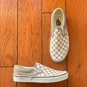 Vans Beige and White Checkered Slip-On Shoes